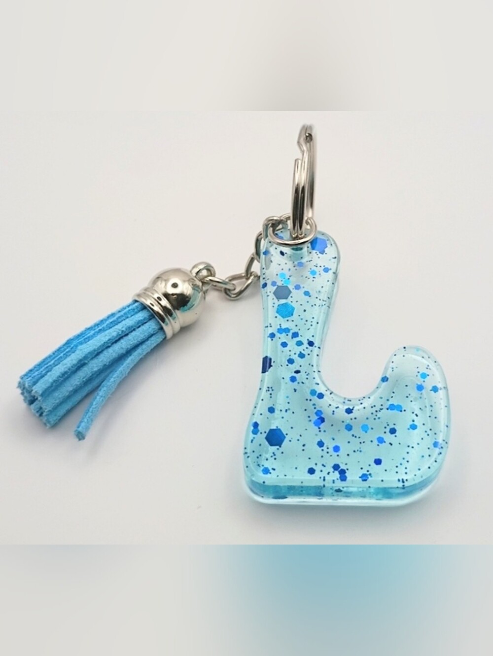 Blue Speckled Letter L Initial Keychain with Tassel